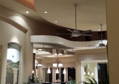 A lobby with a circular ceiling.